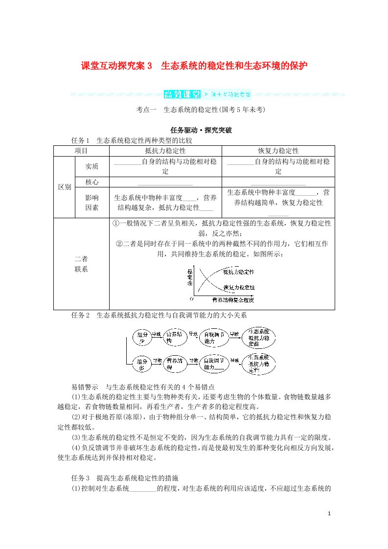 统考版2023版高考生物一轮复习课堂互动探究案第四单元生态系统与环境保护3生态系统的稳定性和生态环境的保护必修3稳态与环境