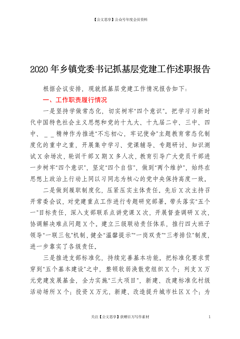 20019【2020年乡镇党委书记抓基层党建工作述职报告