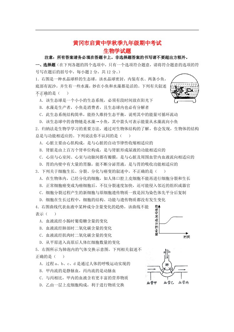 湖北省黄冈市季九级生物期中考试试题（无答案）