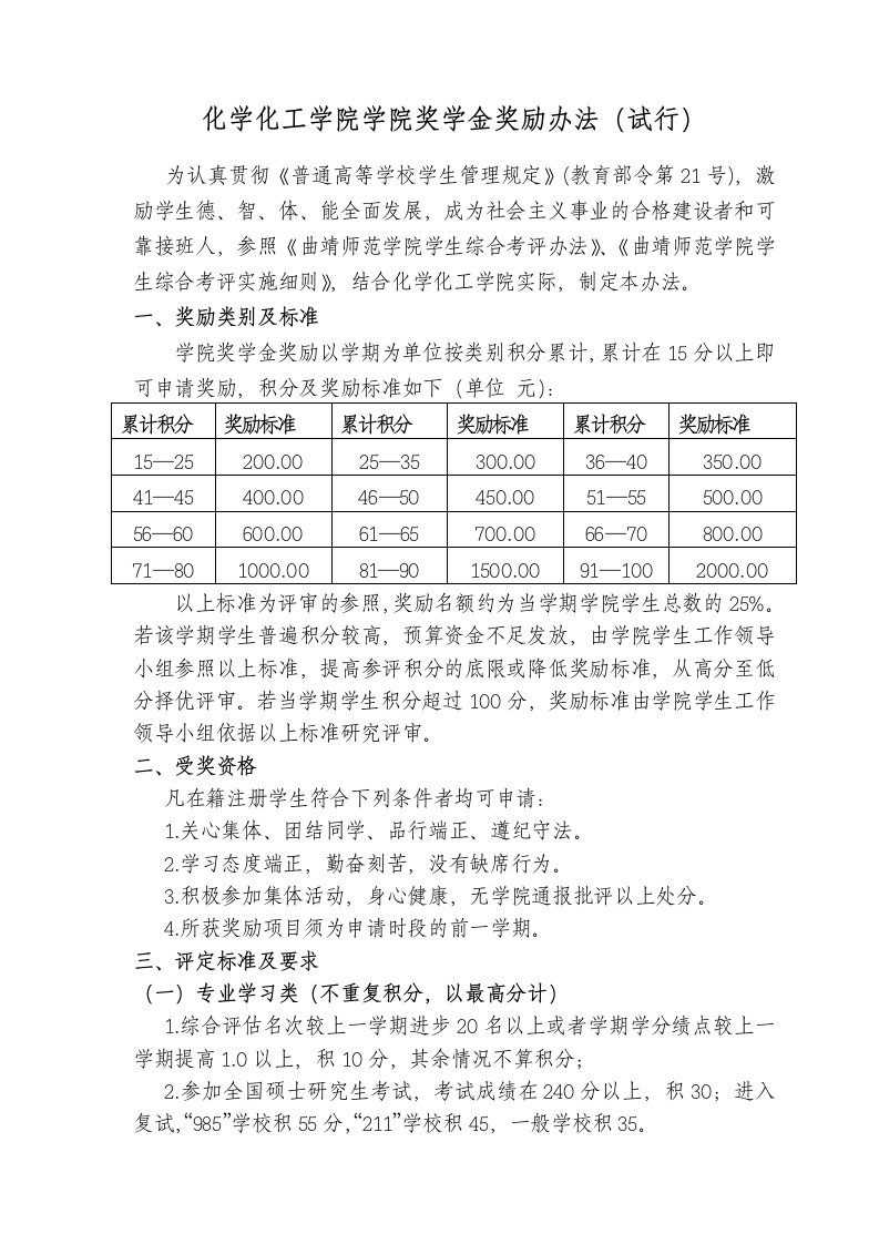 化工学院学院奖学金奖励办法