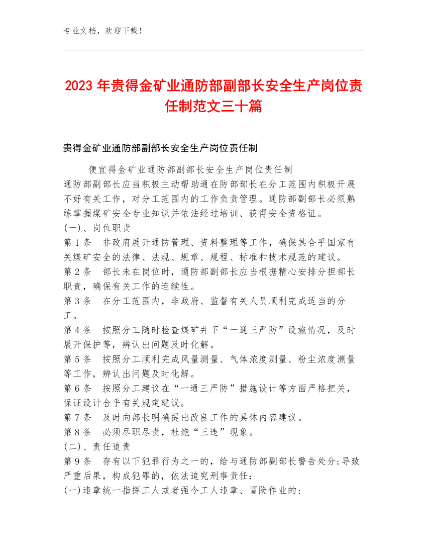 2023年贵得金矿业通防部副部长安全生产岗位责任制范文三十篇