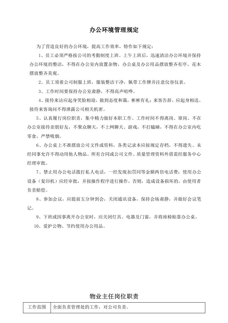 某物业管理有限公司办公环境管理规定