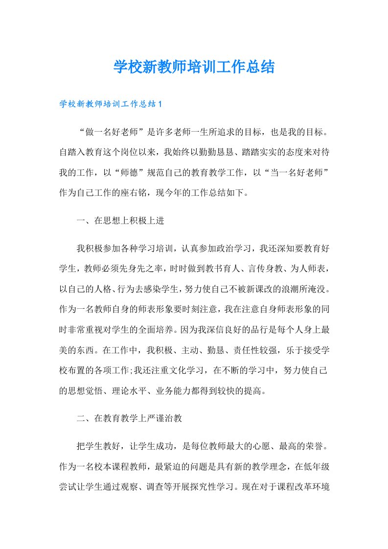 学校新教师培训工作总结