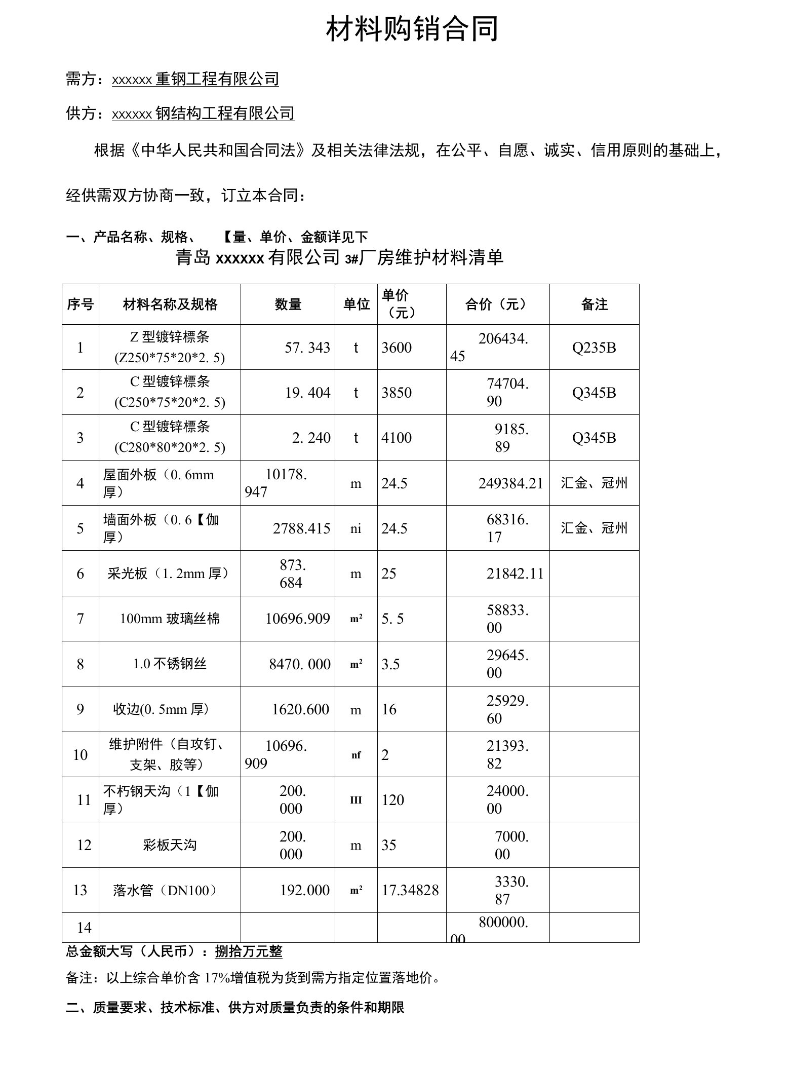 钢结构材料采购合同