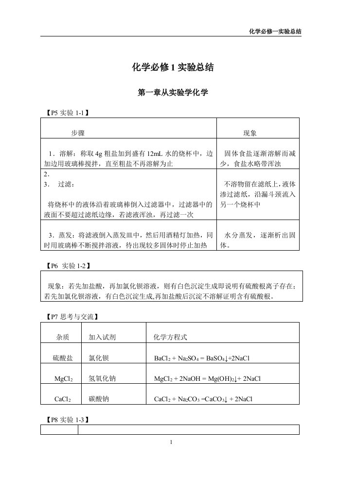 高中化学必修一实验总结