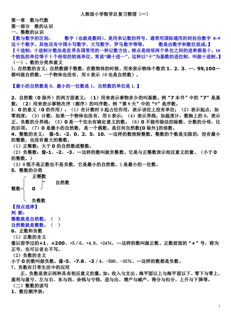 人教版小学数学总复习