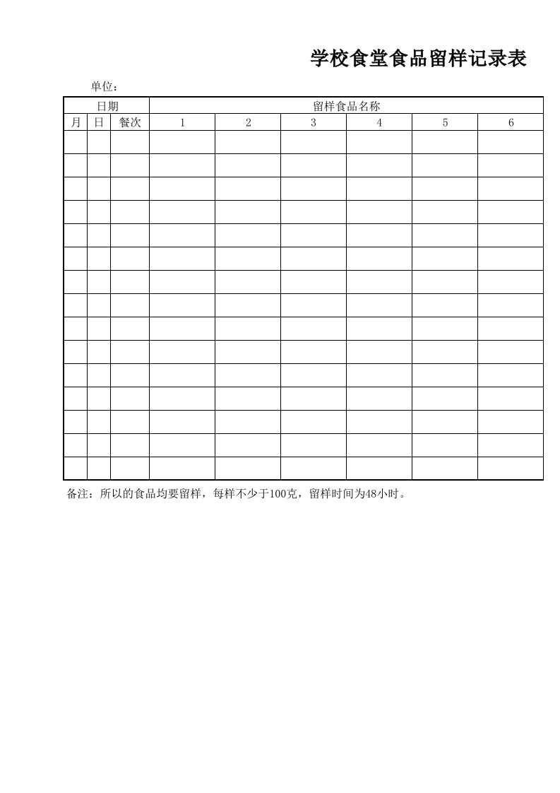 学校食堂食品留样记录表