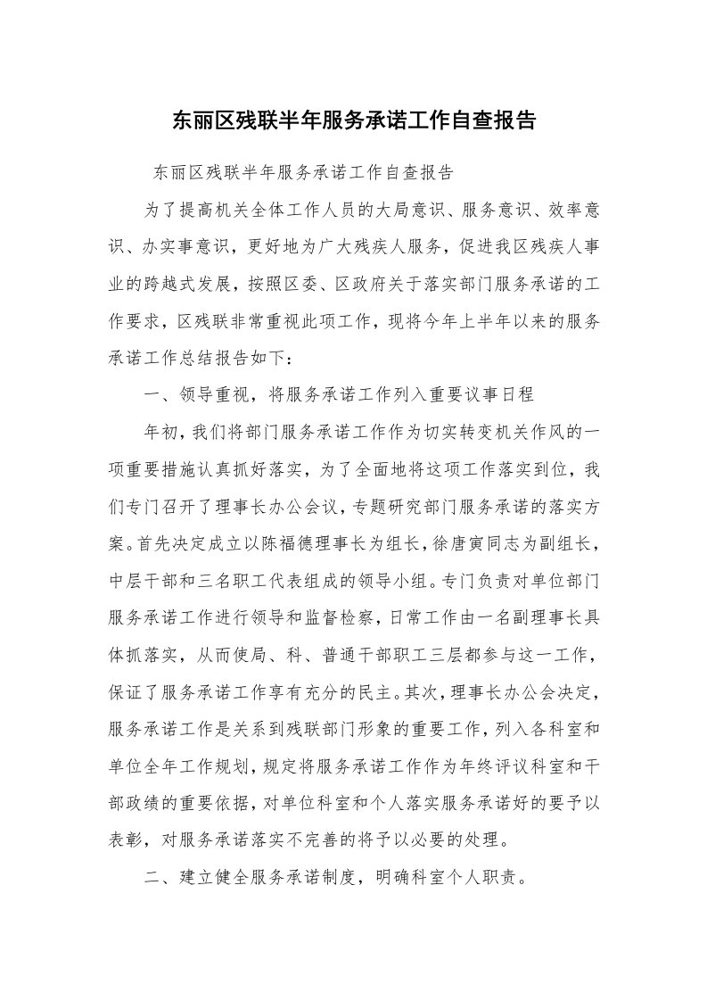 报告范文_自查报告_东丽区残联半年服务承诺工作自查报告