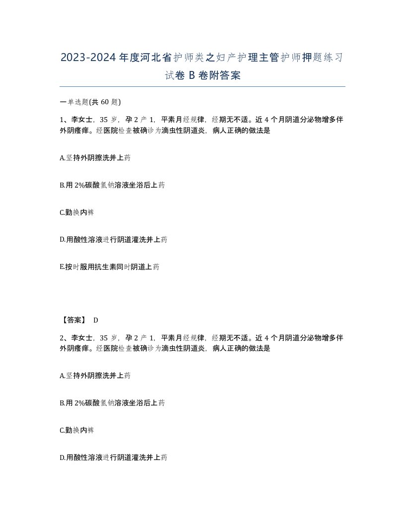 2023-2024年度河北省护师类之妇产护理主管护师押题练习试卷B卷附答案