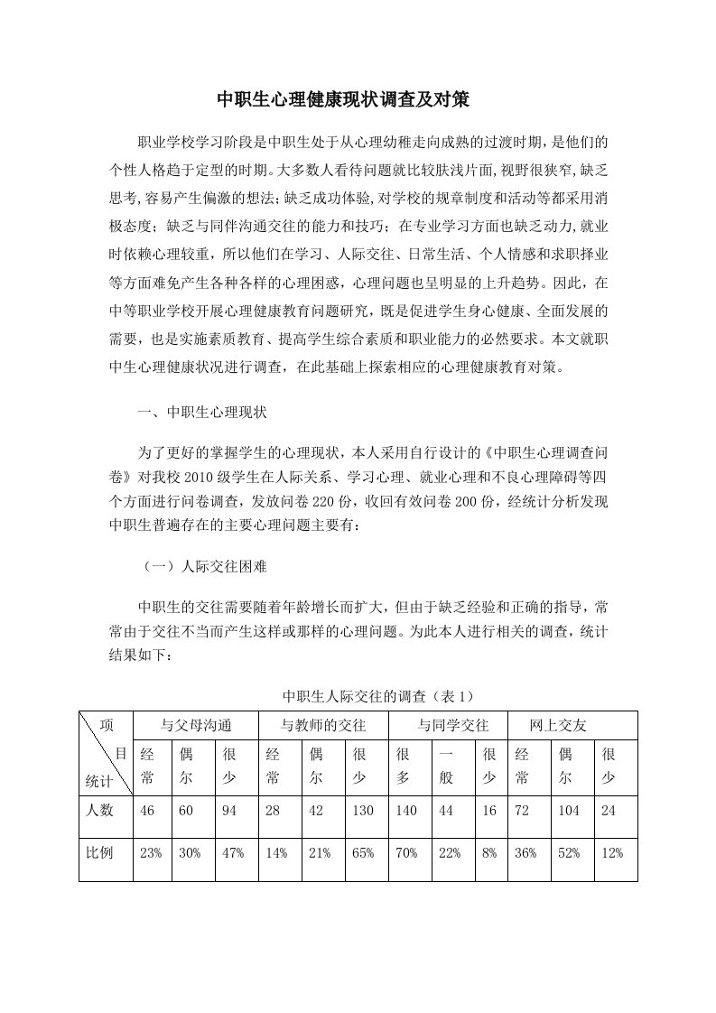 中职生心理健康