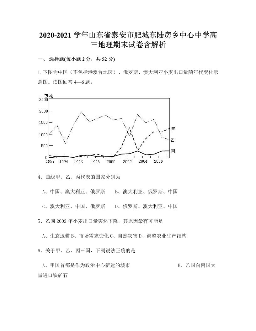 2020-2021学年山东省泰安市肥城东陆房乡中心中学高三地理期末试卷含解析