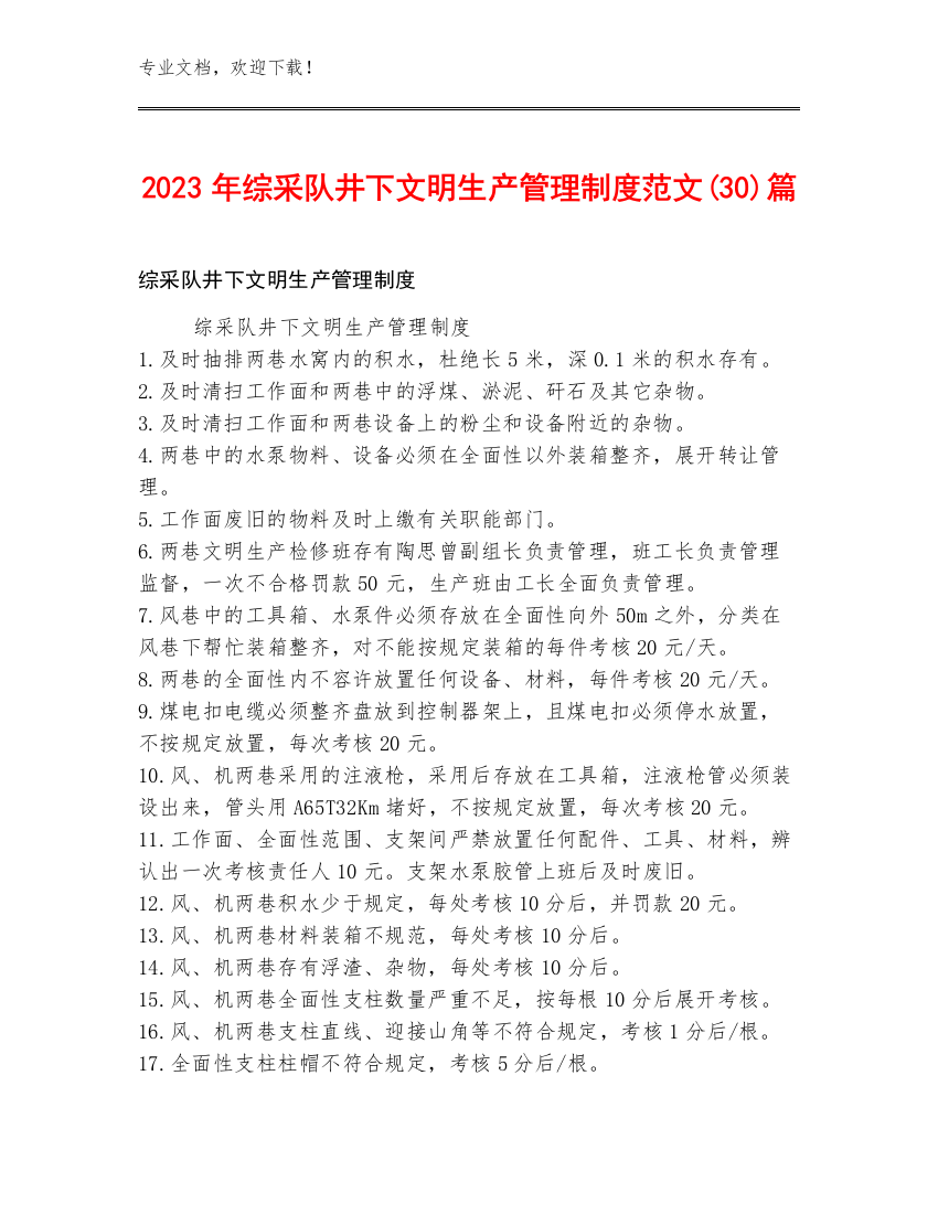 2023年综采队井下文明生产管理制度范文(30)篇