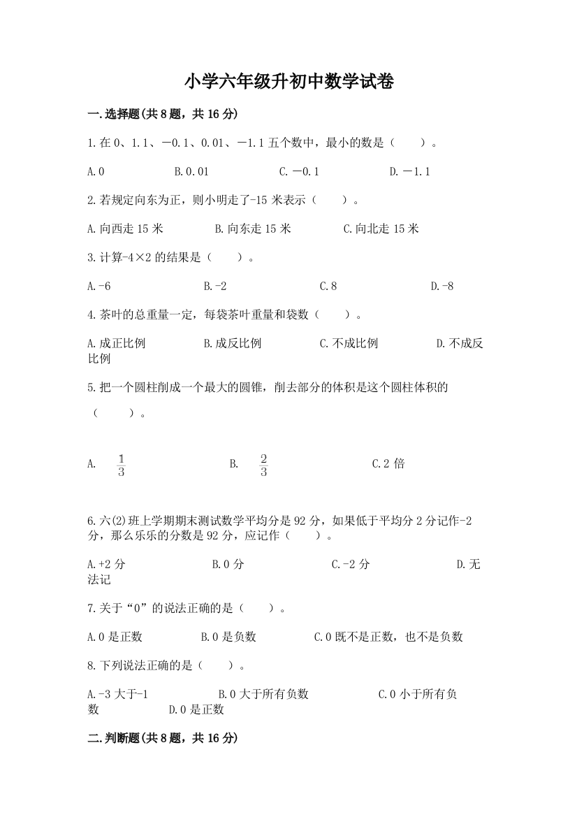 小学六年级升初中数学试卷精品【名师系列】