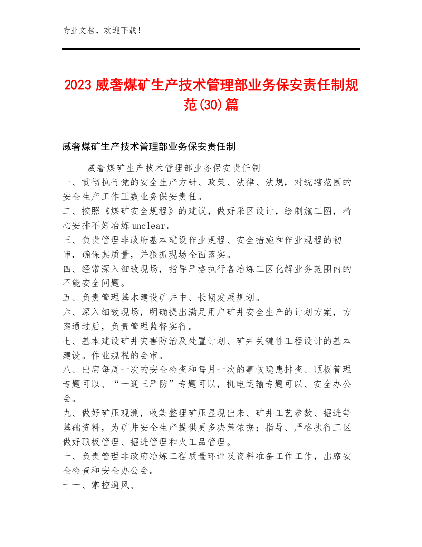 2023威奢煤矿生产技术管理部业务保安责任制规范(30)篇