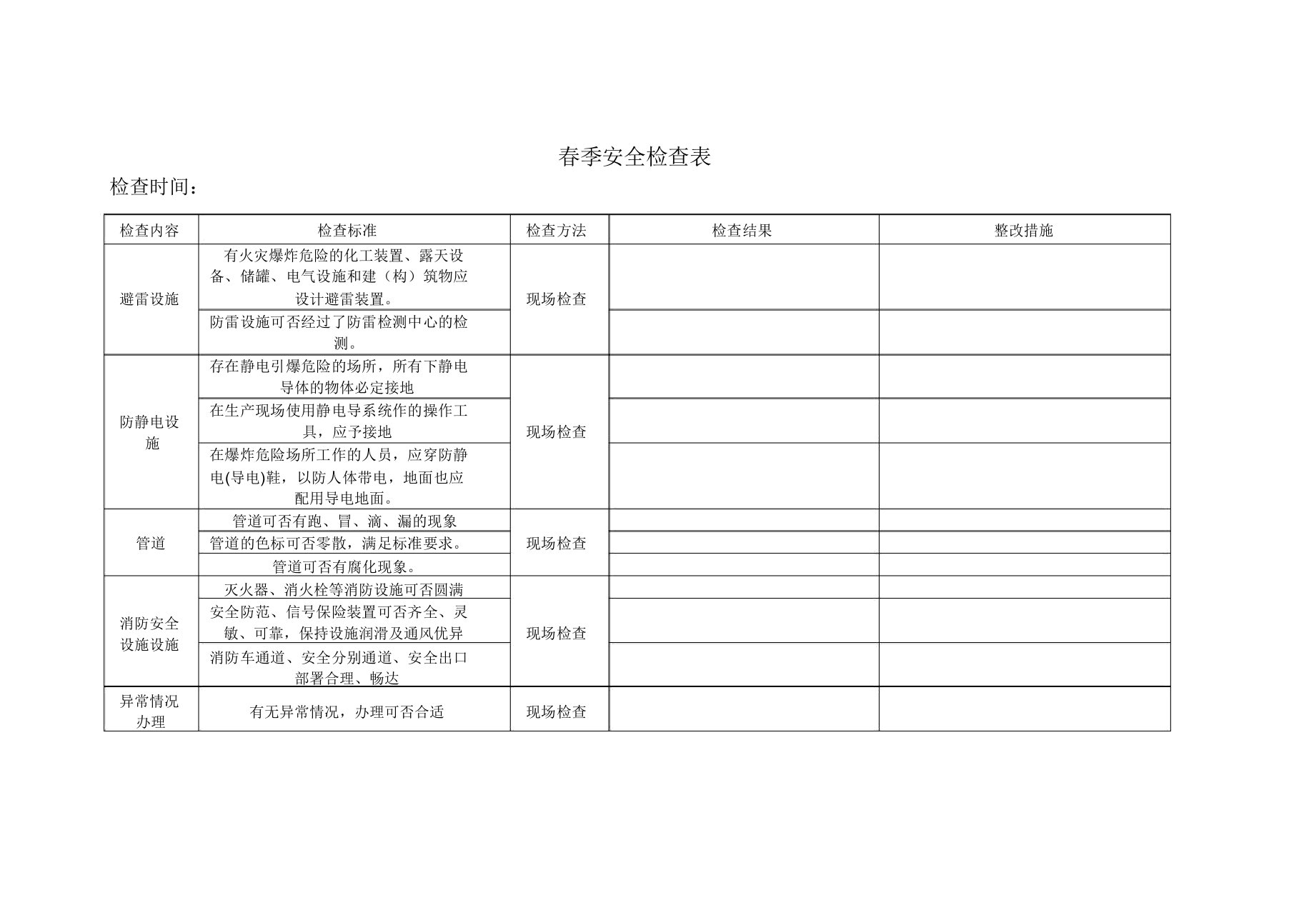 春夏秋冬季节性安全检查表