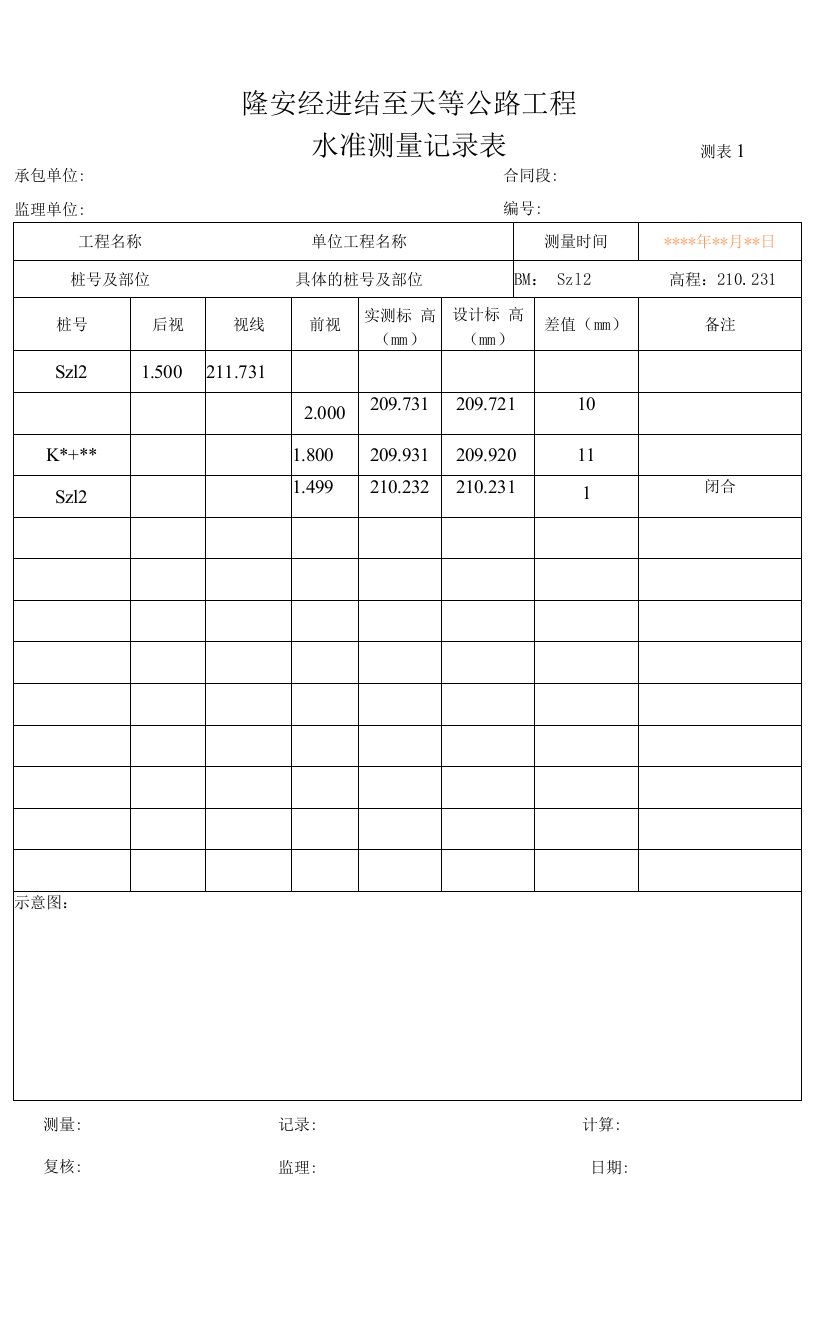 测表1-水准测量记录表