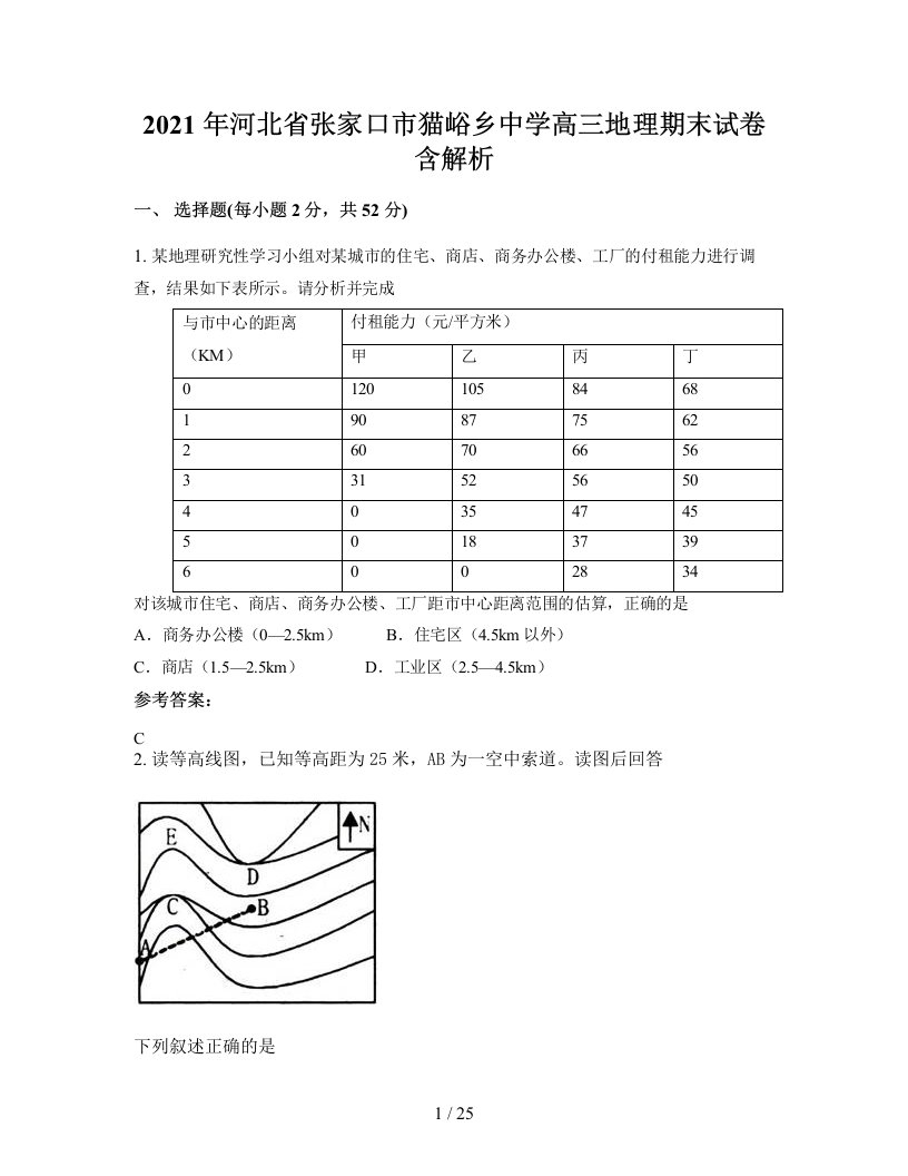 2021年河北省张家口市猫峪乡中学高三地理期末试卷含解析