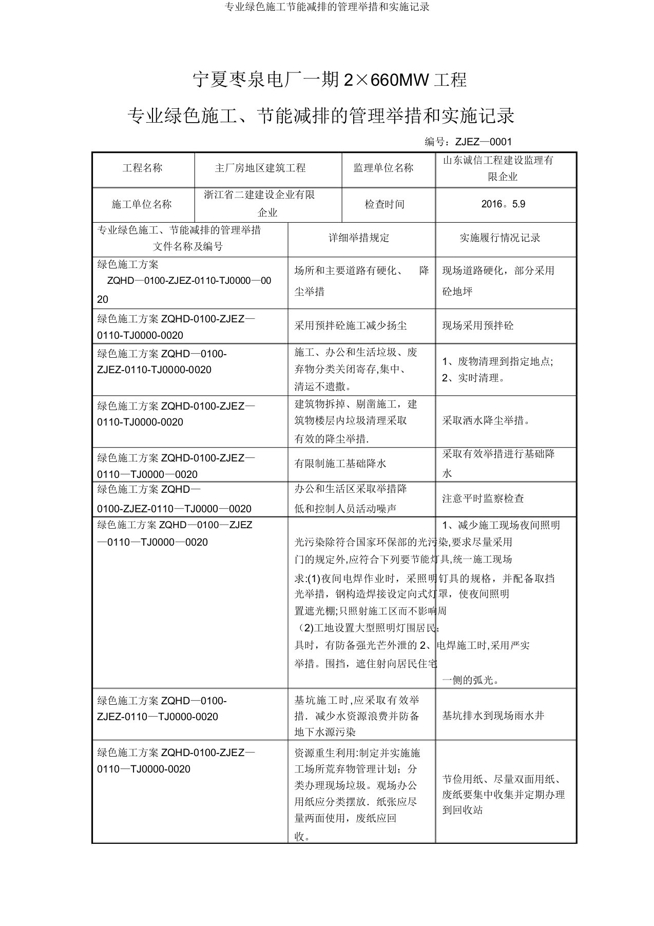 专业绿色施工节能减排的管理措施和实施记录