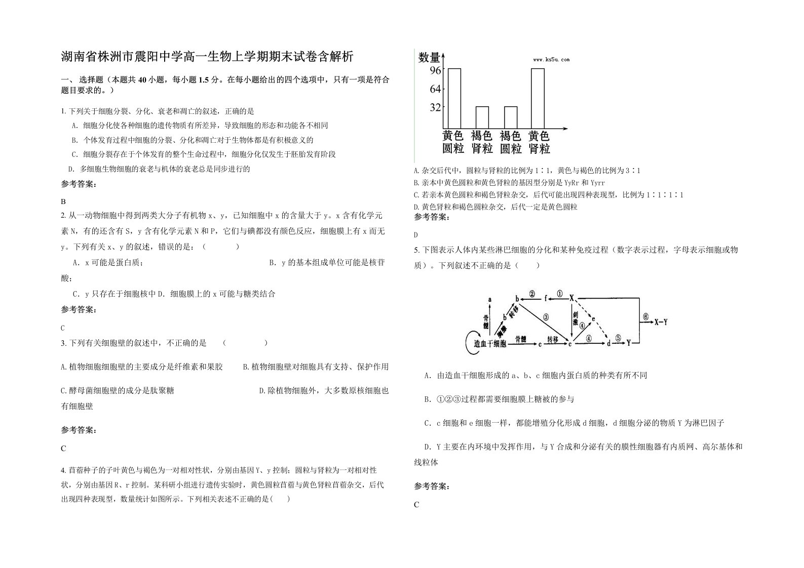 湖南省株洲市震阳中学高一生物上学期期末试卷含解析