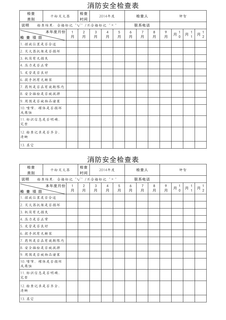 干粉灭火器检查表(标准样)