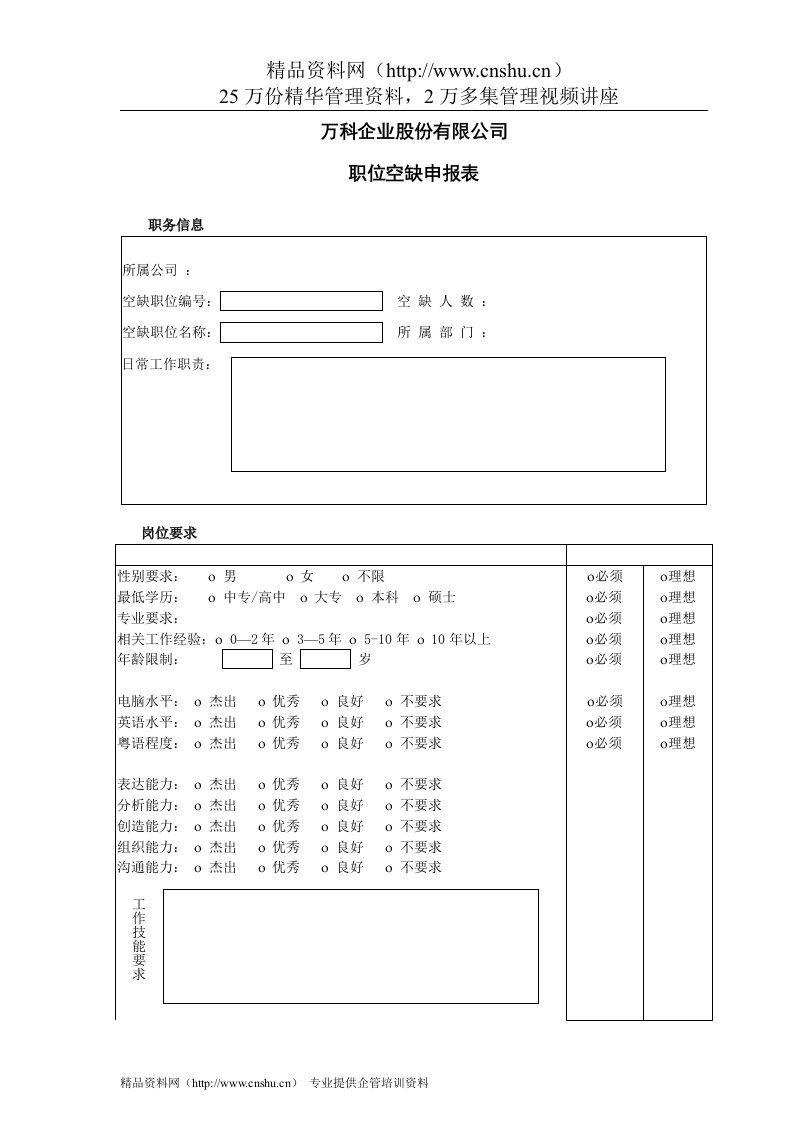 VANKE-HR-F001职位空缺申报表