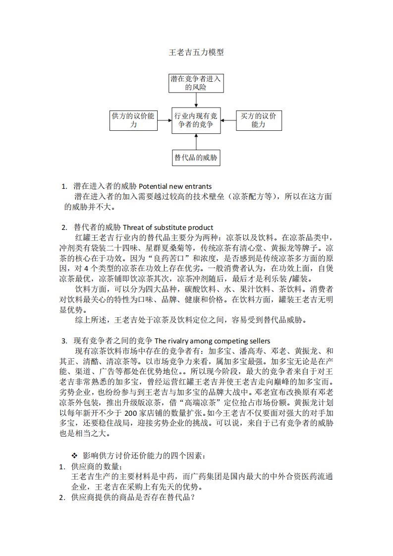 王老吉波特五力分析