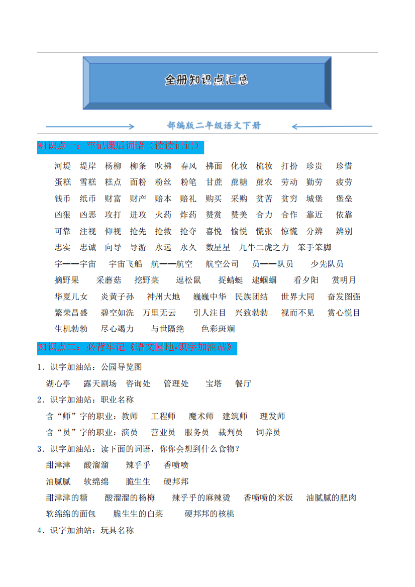 部编版二年级语文下册《全册考点整理》