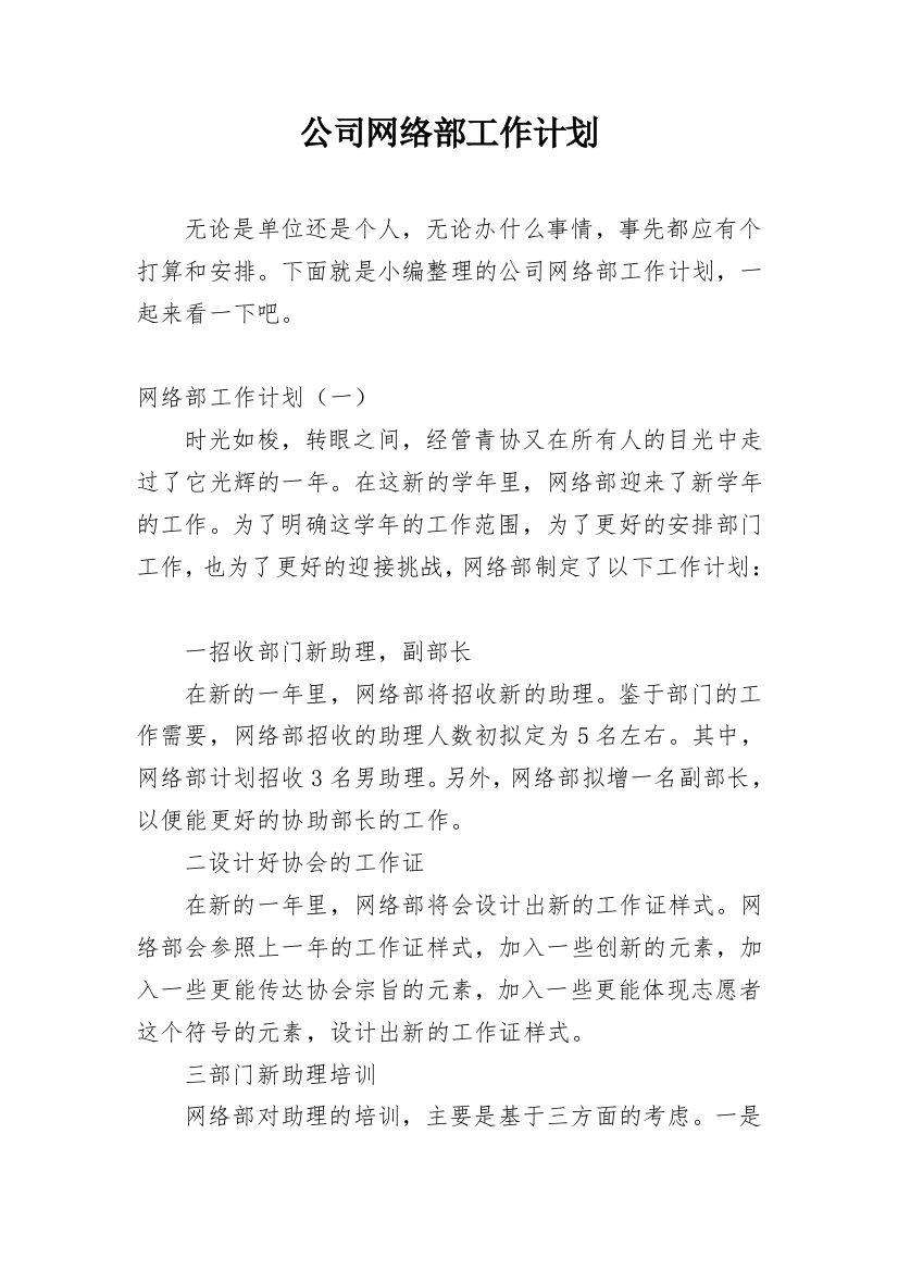 公司网络部工作计划