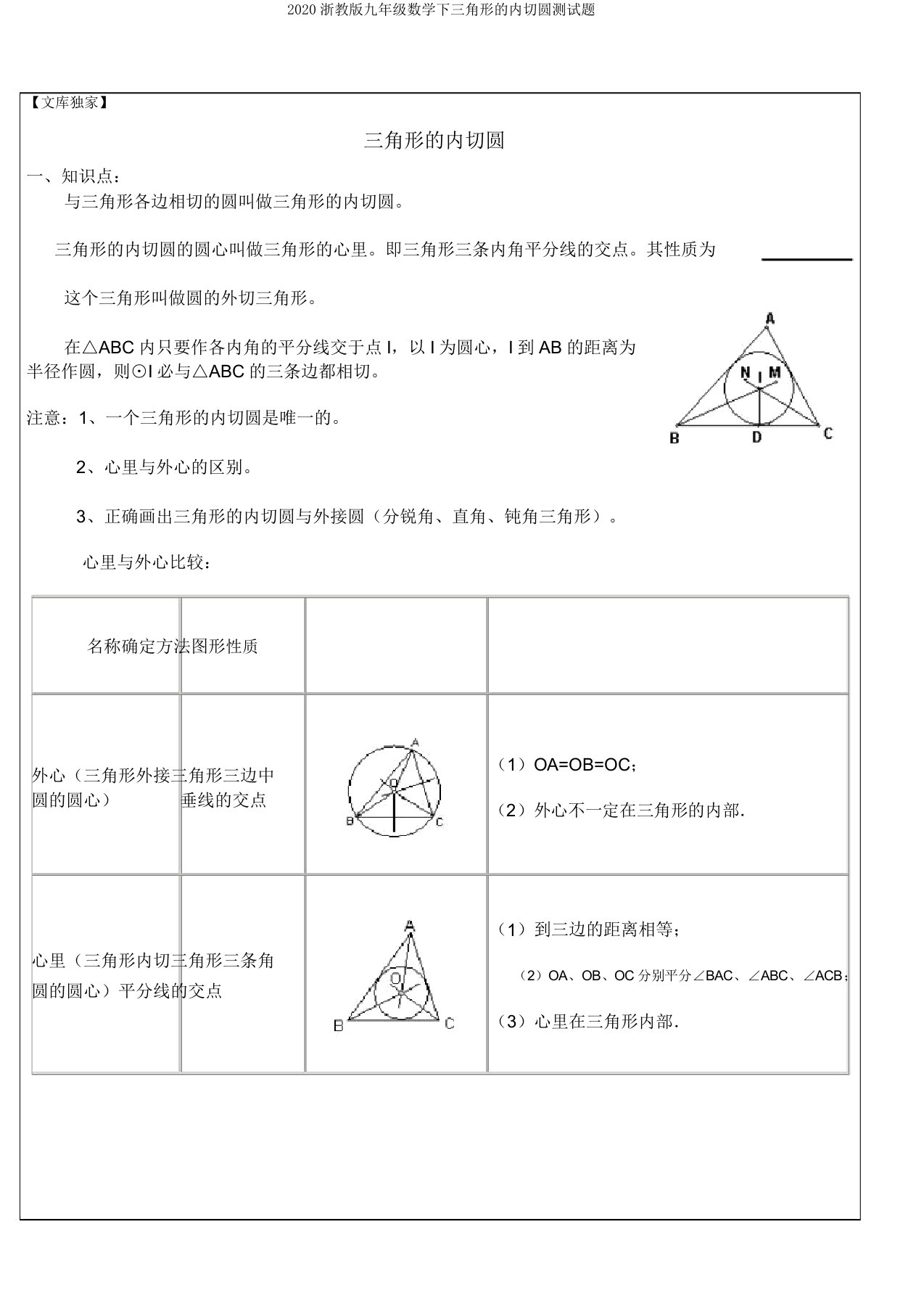 2020浙教版九年级数学下三角形的内切圆测试题