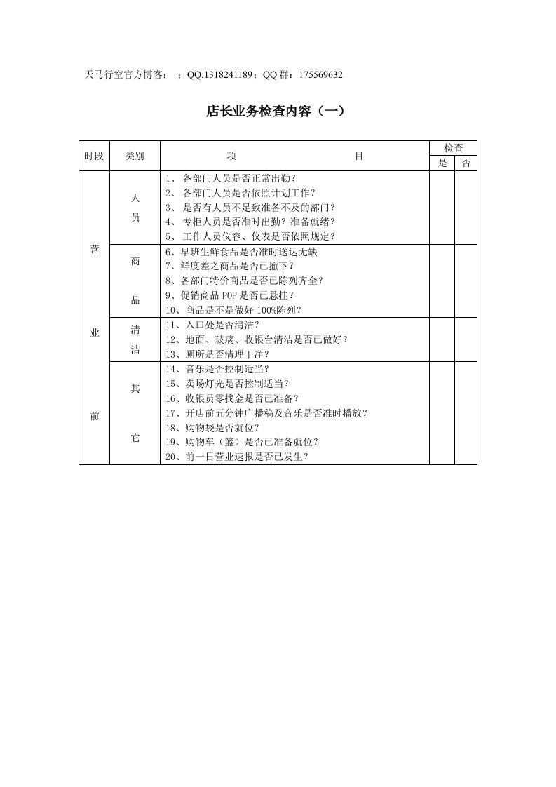 【超市管理】店长检查表格