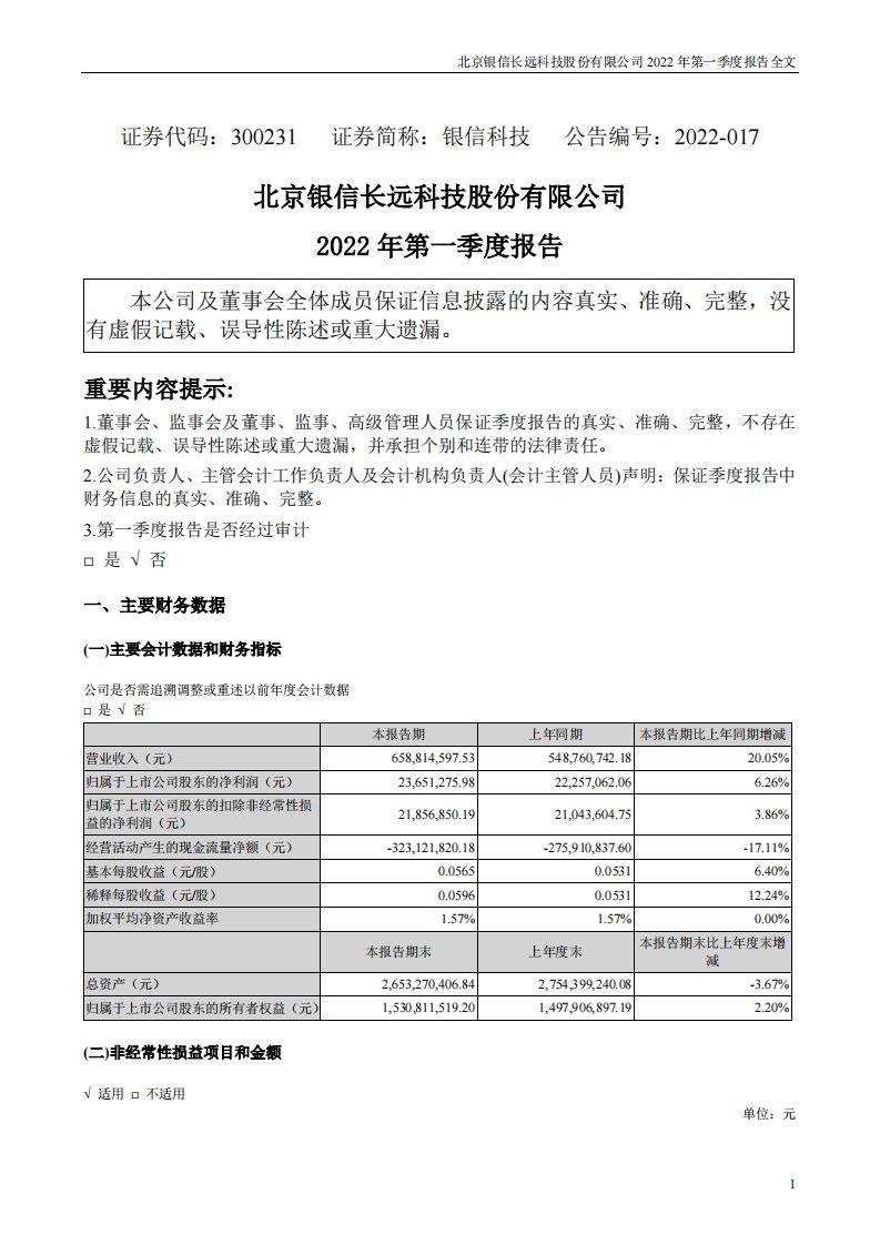 深交所-银信科技：2022年一季度报告-20220428