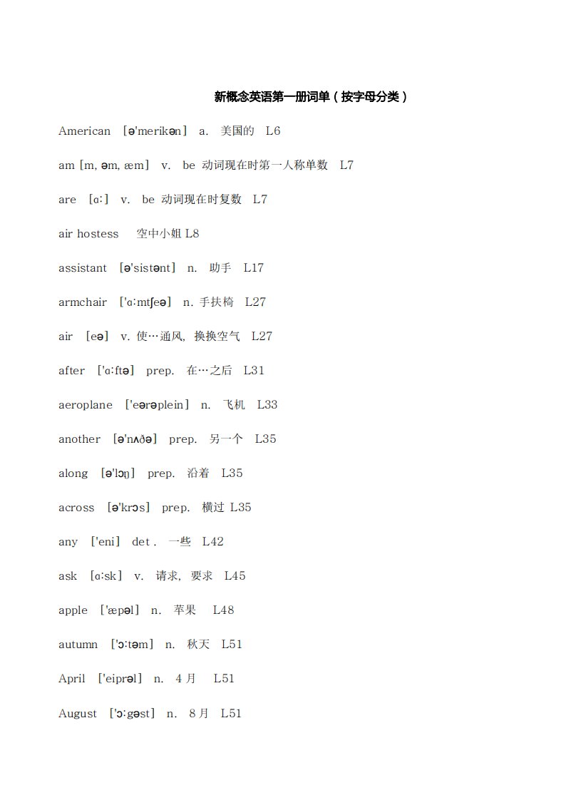 新概念英语第1册单词表-(按字母排列)