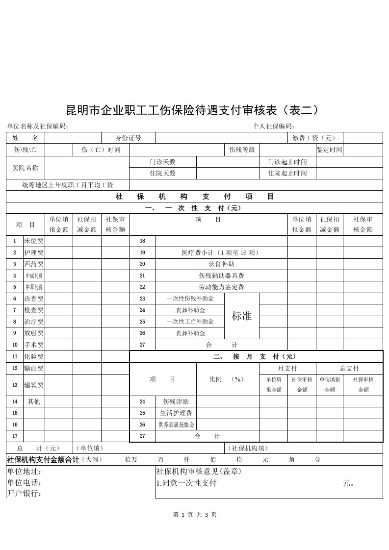 昆明企业职工工伤保险待遇支付审核表表二