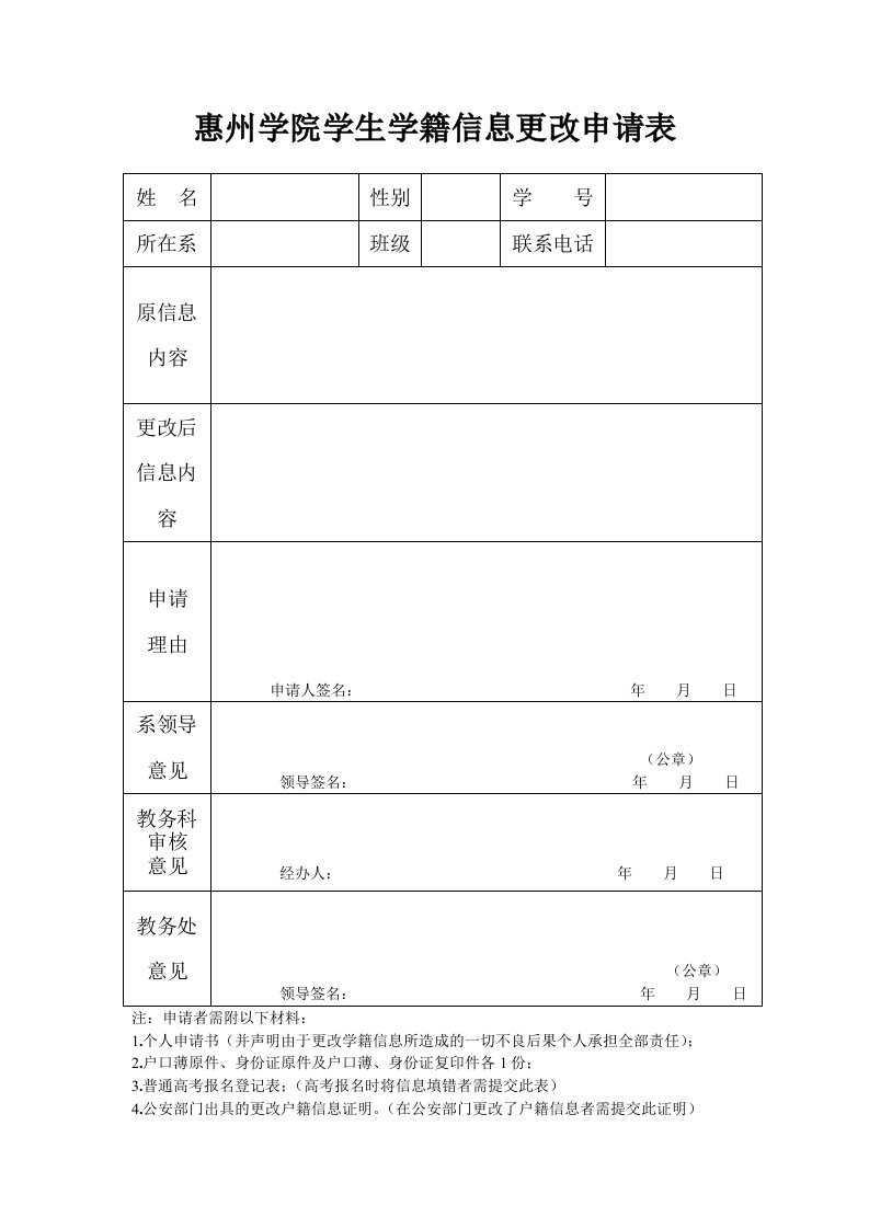 惠州学院学生学籍信息更改申请表