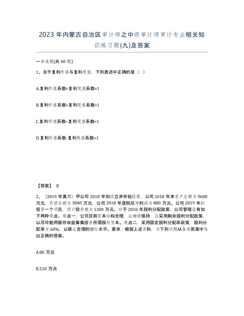 2023年内蒙古自治区审计师之中级审计师审计专业相关知识练习题九及答案