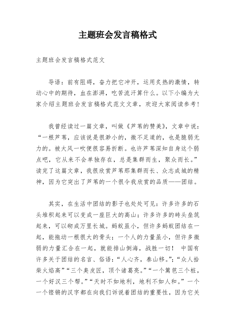 主题班会发言稿格式