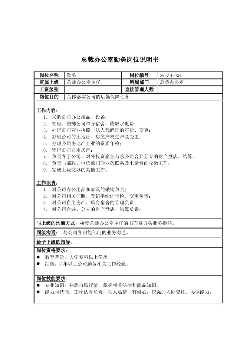 三木集团总裁办公室勤务岗位说明书