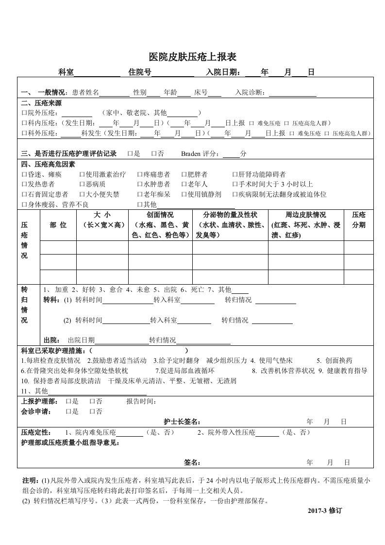 医院皮肤压疮上报表