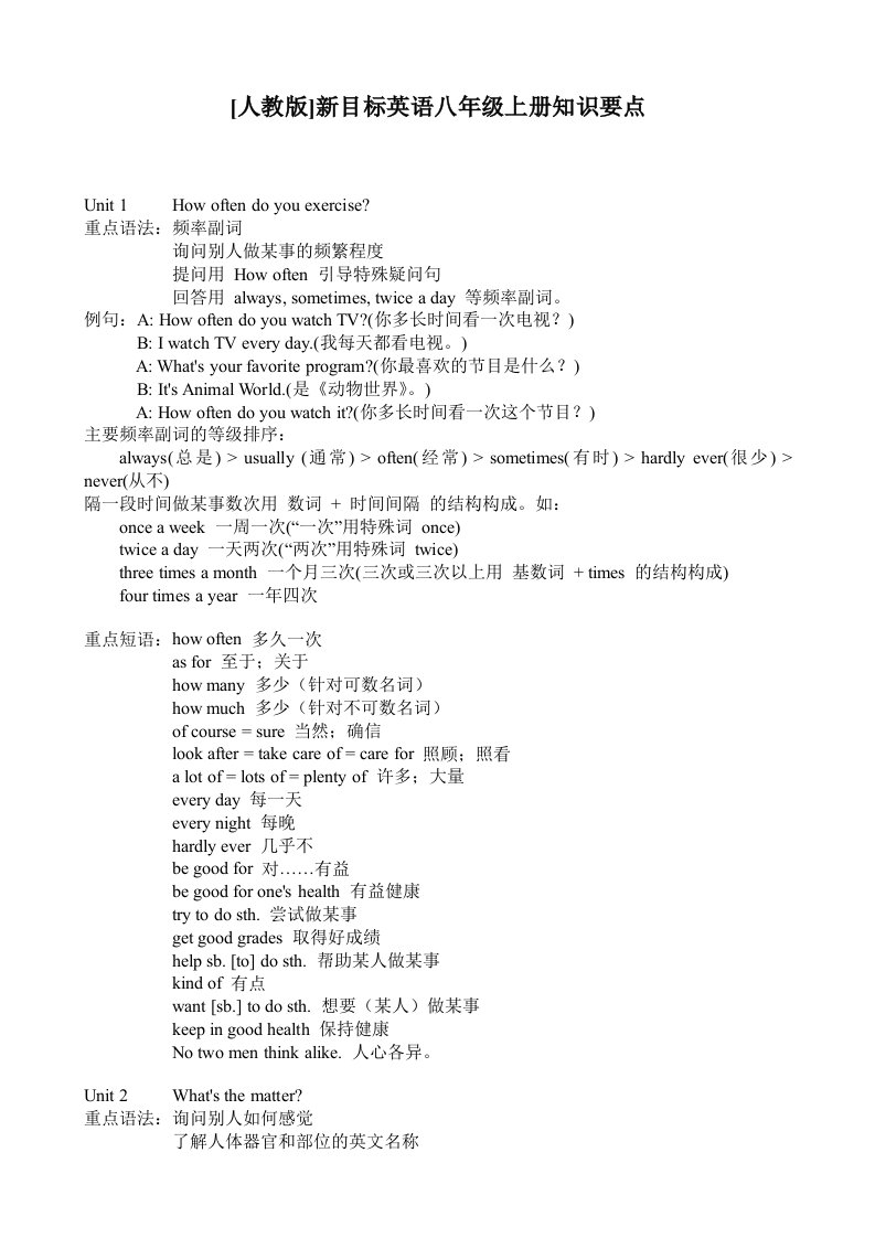 人教版新目标英语八年级知识要点