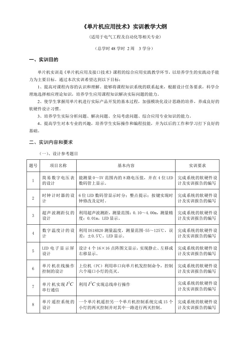 《单片机应用及接口技术》实训教学大纲