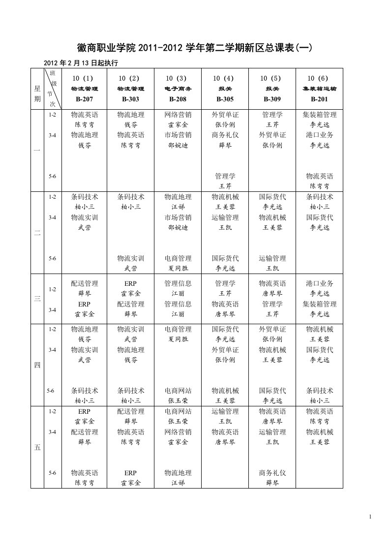 徽商职业学院2011-2012学年第二学期新区总课表(一)