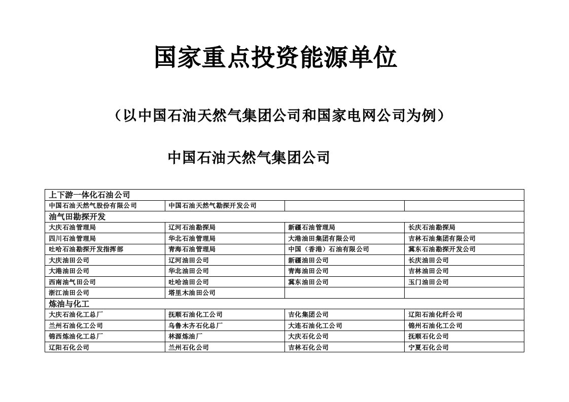 国家重点投资能源单位