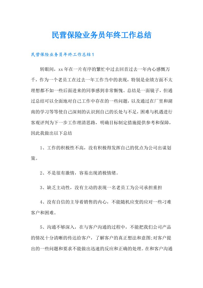 民营保险业务员年终工作总结