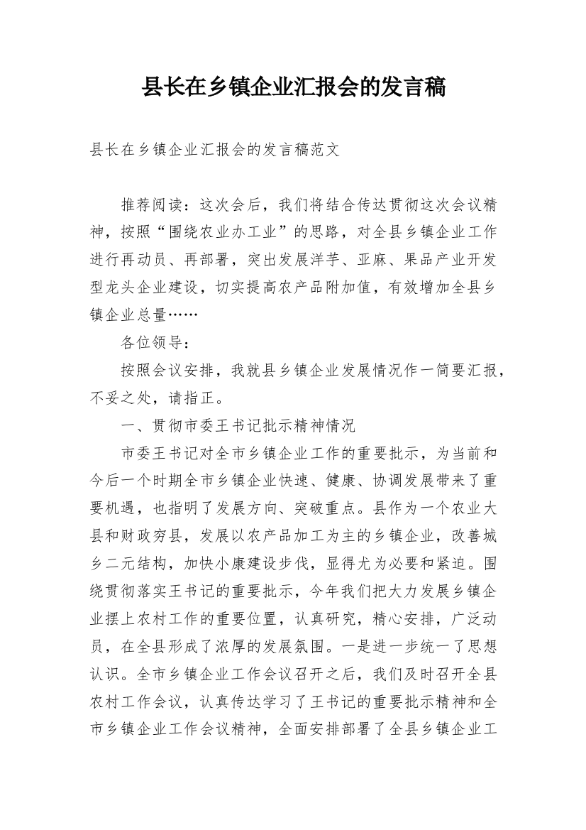 县长在乡镇企业汇报会的发言稿