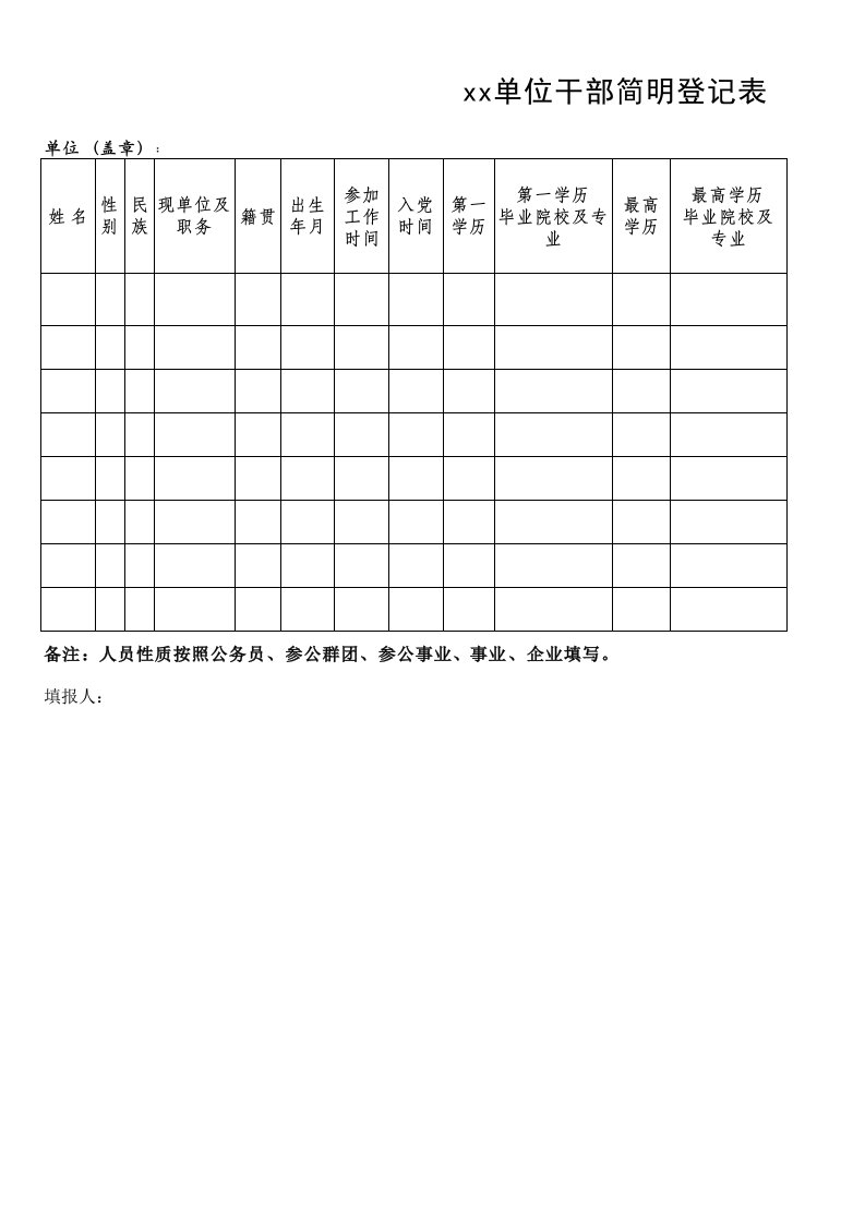 干部简明登记表