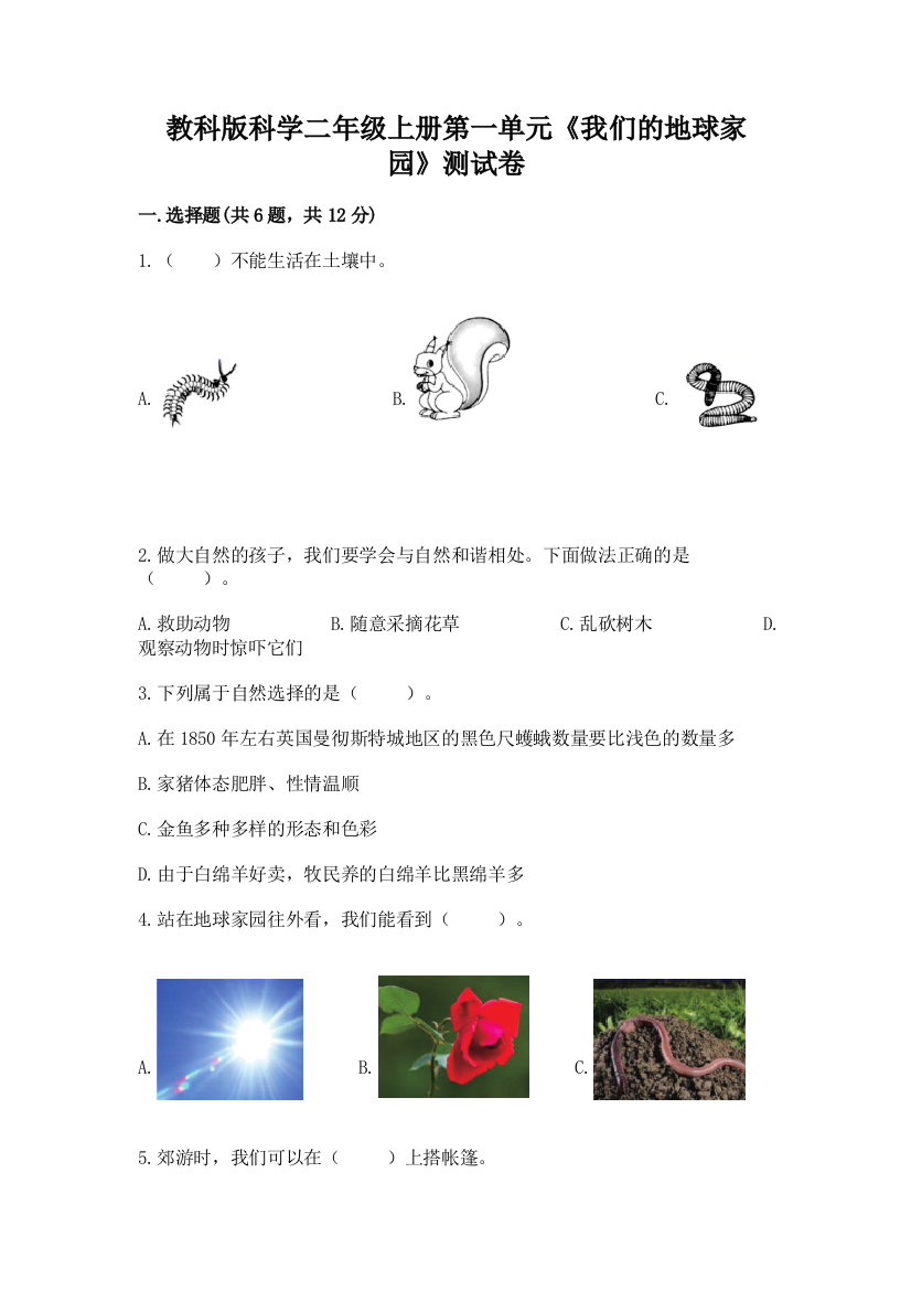 教科版科学二年级上册第一单元《我们的地球家园》测试卷（轻巧夺冠）