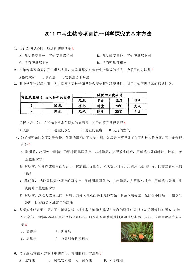 2011中考生物专项训练-科学探究的基本方法