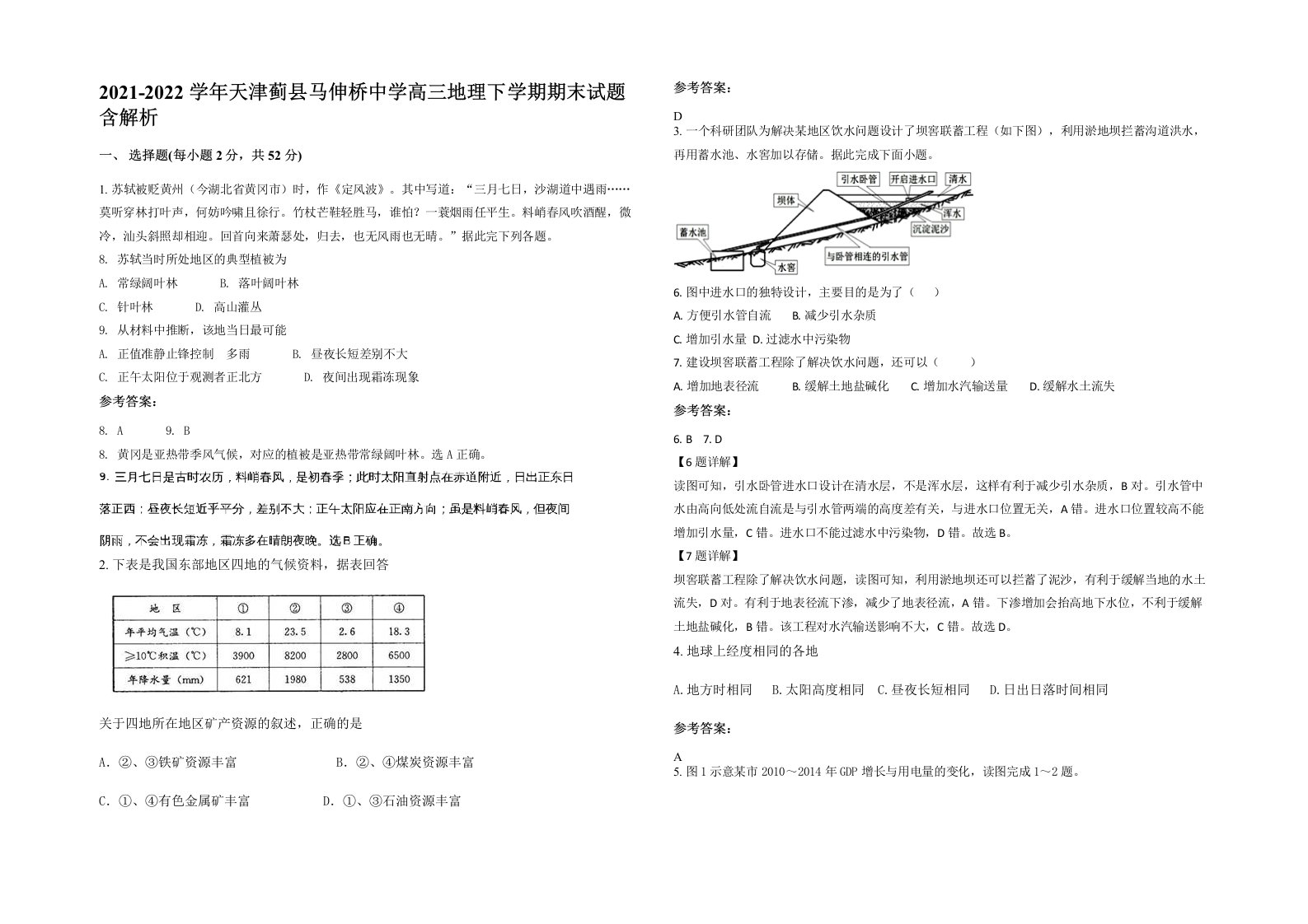 2021-2022学年天津蓟县马伸桥中学高三地理下学期期末试题含解析