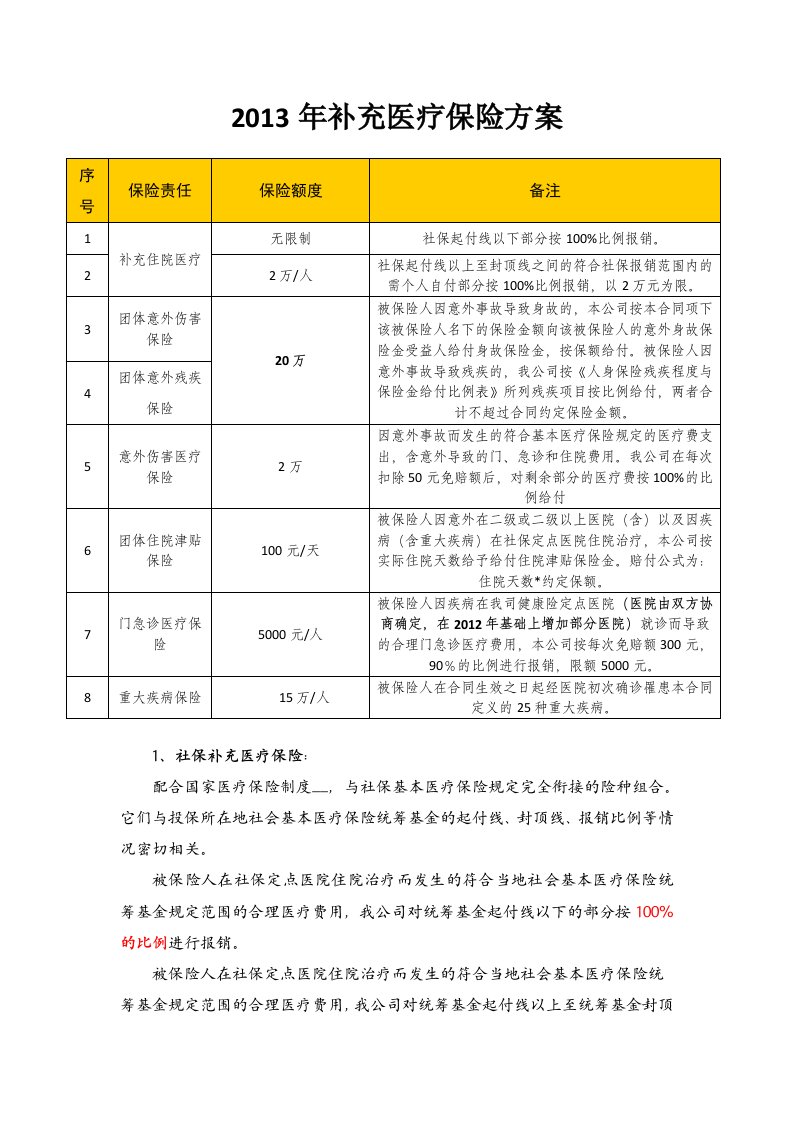 2013年补充医疗保险方案