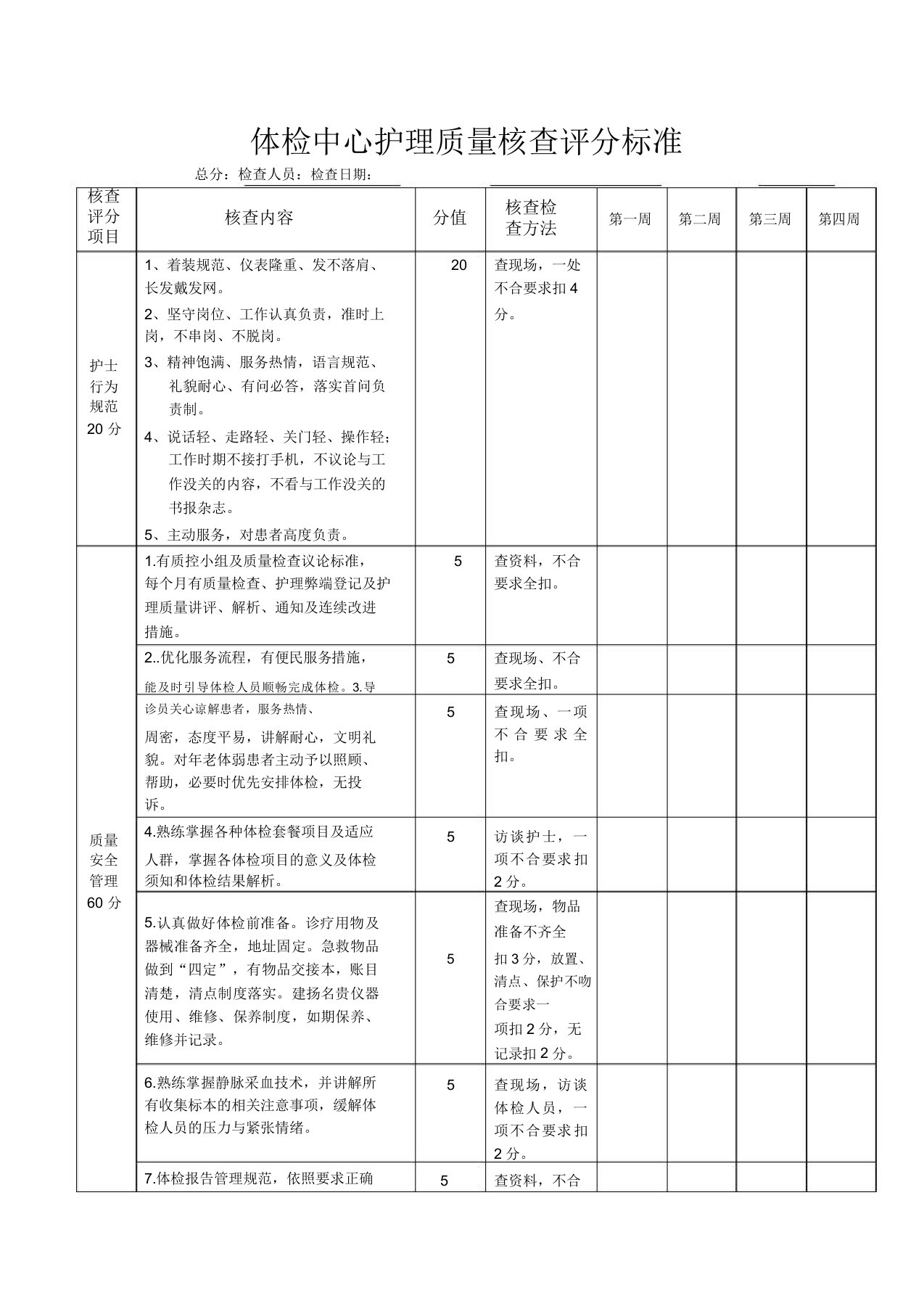 体检中心护理新考核标准